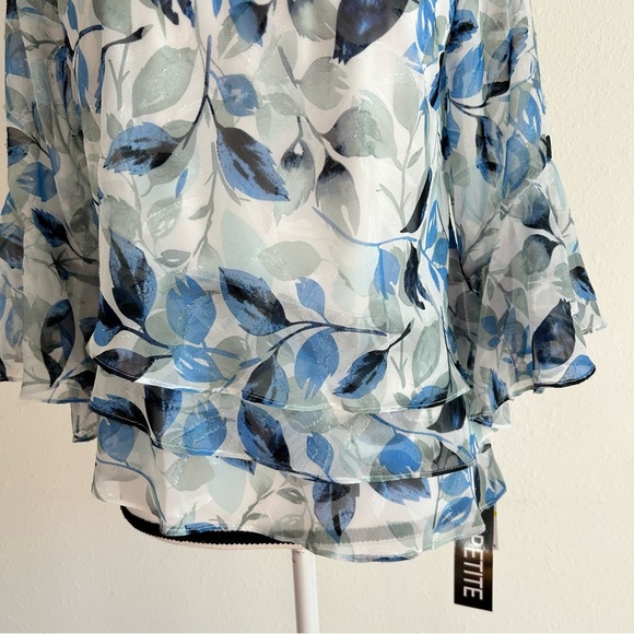 Alex Evenings Chiffon Blouse Petite Size M Blue Asymmetrical Floral Party - Picture 3 of 9